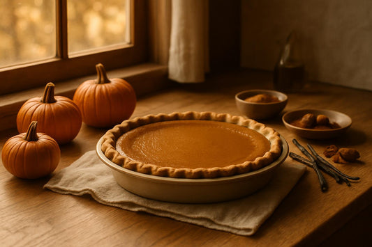 Homemade pumpkin pie with fresh pumpkins and vanilla beans on rustic kitchen counter for National Pumpkin Day