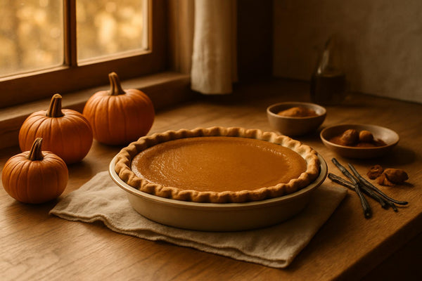 Homemade pumpkin pie with fresh pumpkins and vanilla beans on rustic kitchen counter for National Pumpkin Day