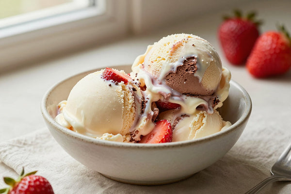 Two generous scoops of neapolitan-style ice cream in a shallow ceramic bowl, softly melting at the edges