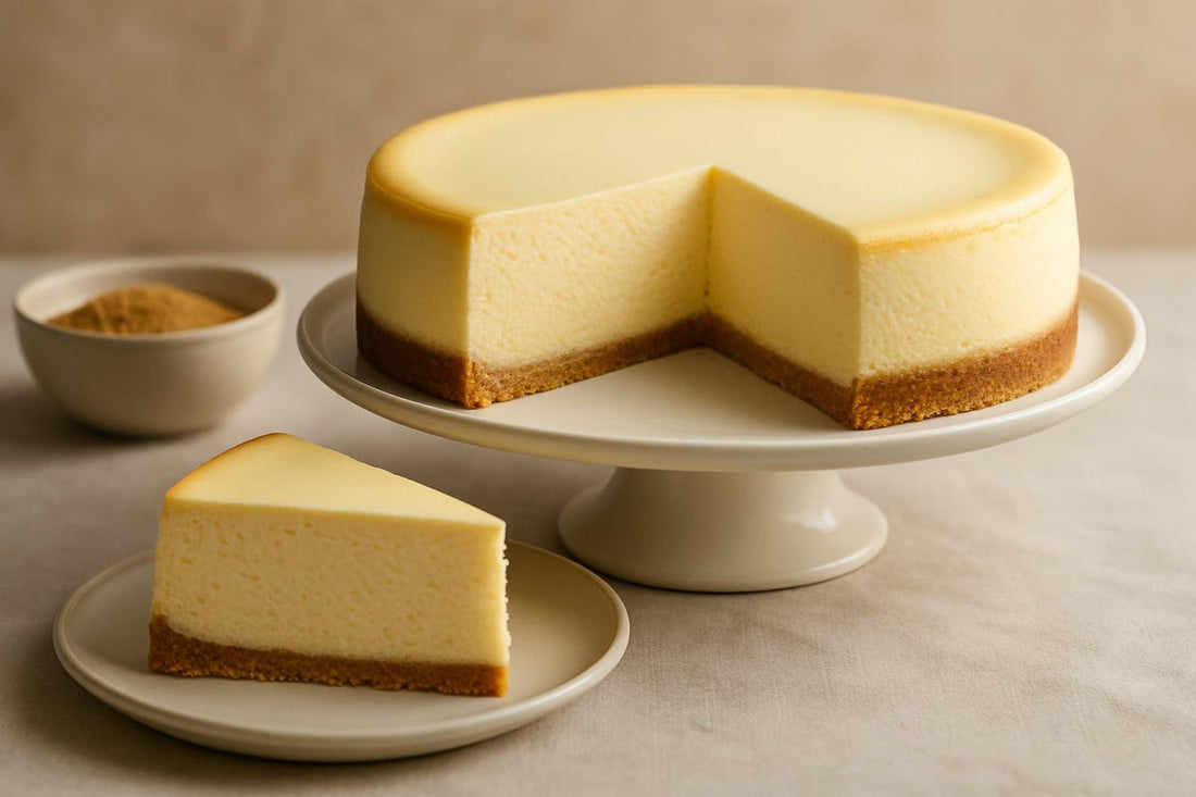 A whole, untopped new york cheesecake on a cake stand with one slice cut and set on a plate