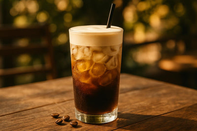 Nitro Cold Brew in a glass on an oak patio table