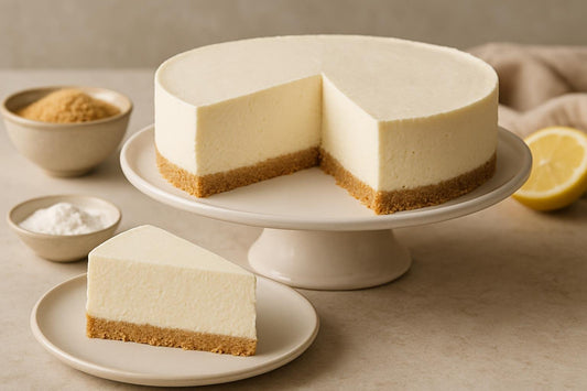 A whole, untopped no-bake vanilla cheesecake on a cake stand with one slice cut and set on a plate