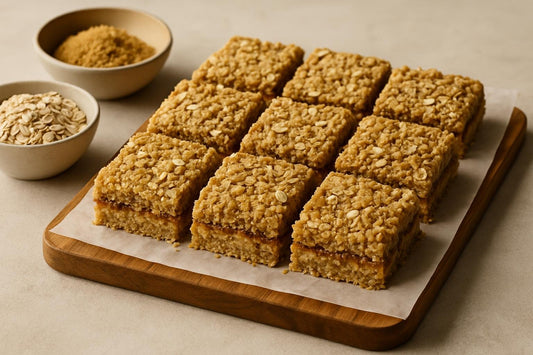 Oat bar cut into squares on parchment on a wooden board