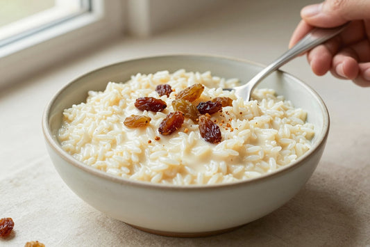 Creamy old-fashioned baked rice pudding in a small ceramic bowl with a spoon, garnished as in the recipe