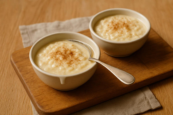 Old-Fashioned Baked Rice Pudding served on an oak table