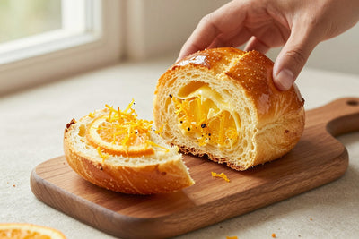 A glossy, deep golden orange brioche on a wooden board, one piece torn open to show the soft, feathery crumb