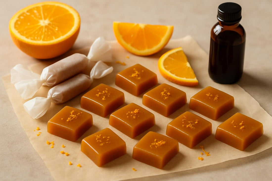 Orange Caramels cut and wrapped in wax paper