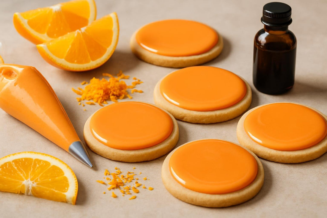Sugar cookies decorated with orange cookie icing