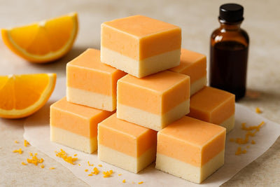Squares of orange creamsicle fudge on parchment