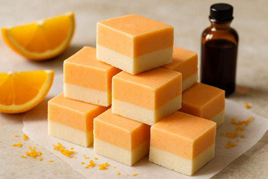 Squares of orange creamsicle fudge on parchment