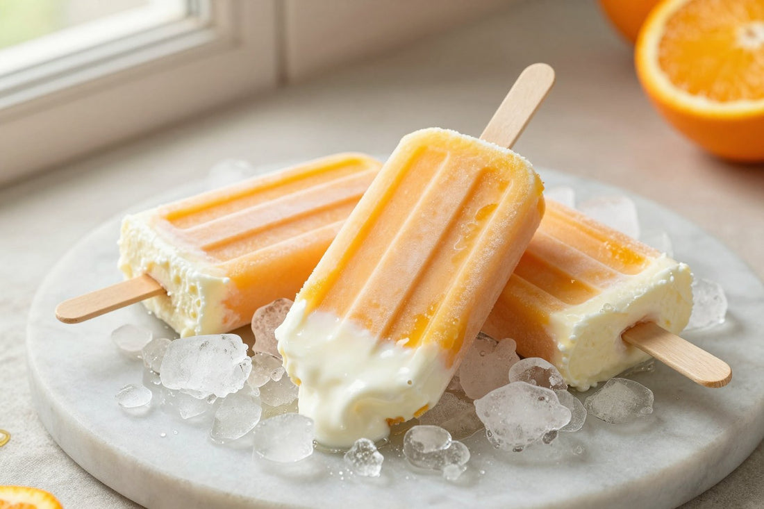 Three orange creamsicle pops on a bed of crushed ice on a light marble surface, one with a bite taken out