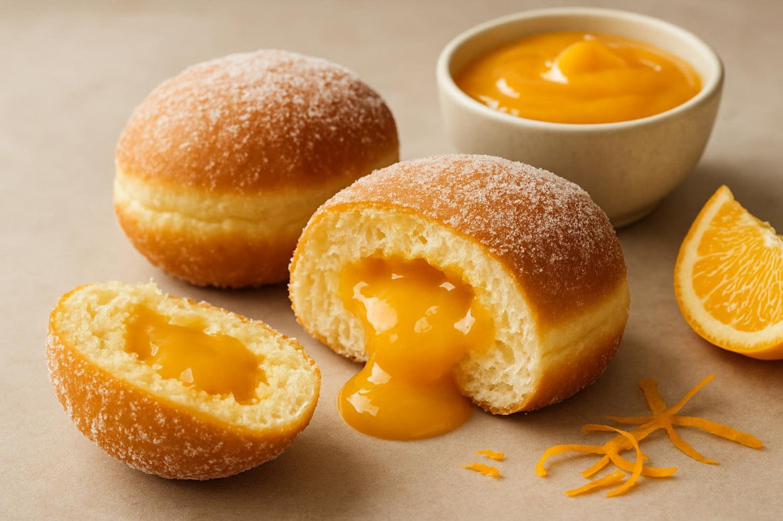 Filled doughnut cut open to show orange curd