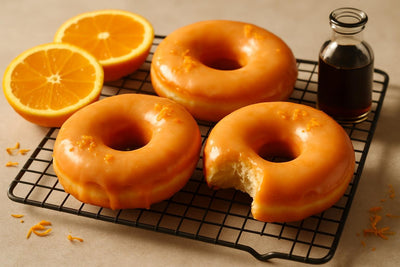 Doughnuts finished with orange glaze on a cooling rack