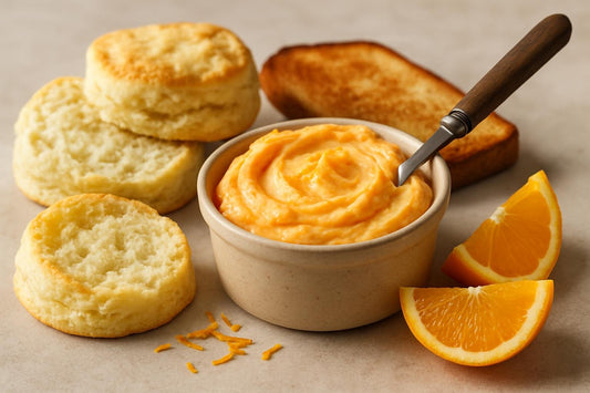 Orange Honey Butter in a crock with warm biscuits