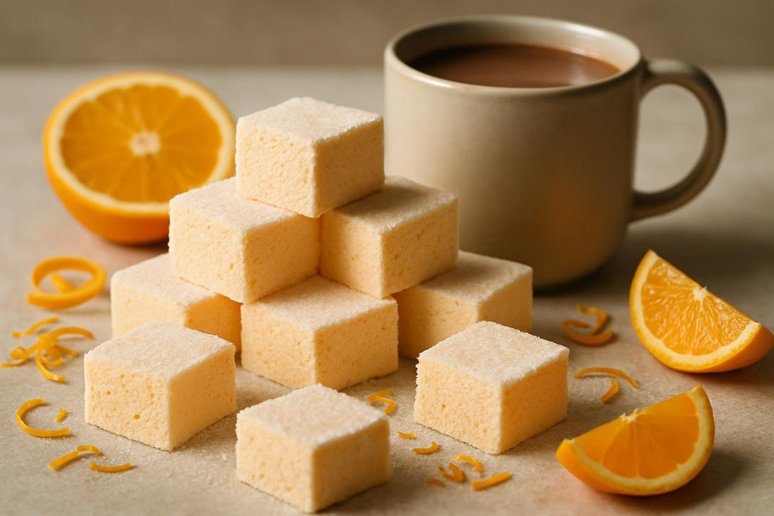 Squares of homemade orange marshmallows