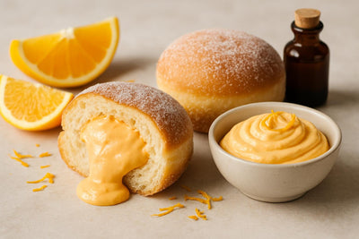 Filled doughnut cut open to show orange mascarpone cream