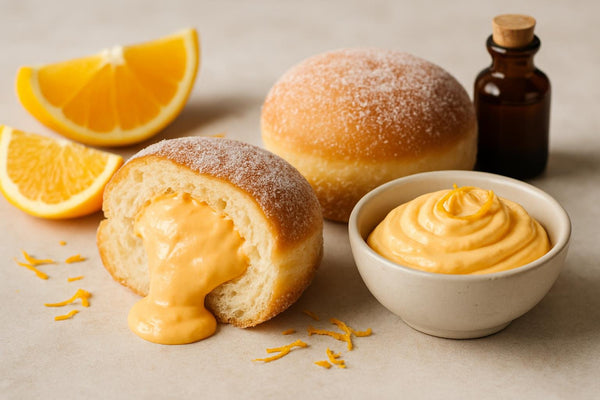 Filled doughnut cut open to show orange mascarpone cream