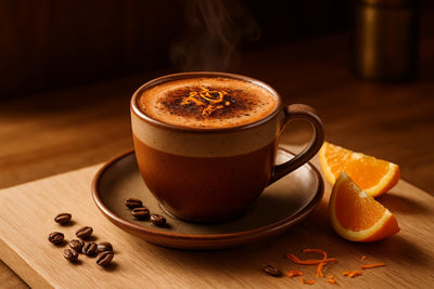 Orange Mocha in a ceramic mug on an oak kitchen island