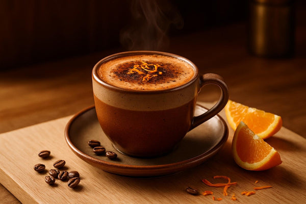 Orange Mocha in a ceramic mug on an oak kitchen island