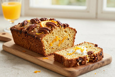 A loaf of orange pecan bread on a wooden board, two thick slices cut to show the moist crumb