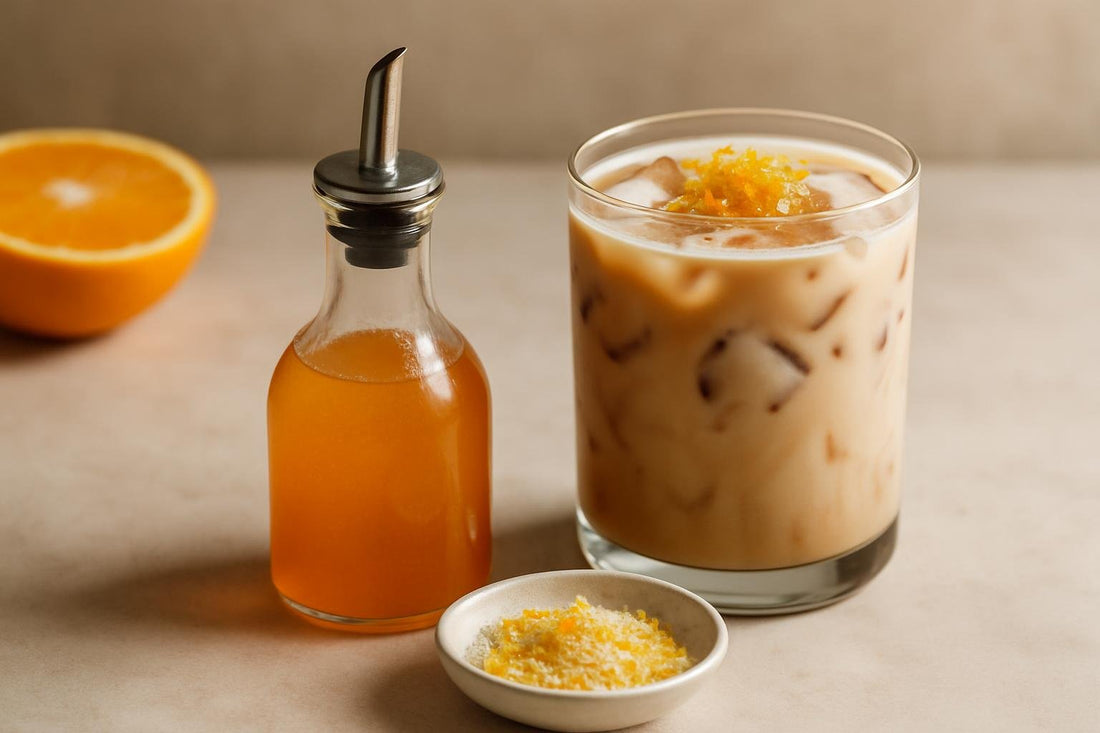 A small glass bottle of orange syrup with a pour spout, beside an iced latte sweetened with it