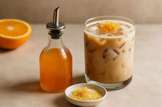 A small glass bottle of orange syrup with a pour spout, beside an iced latte sweetened with it