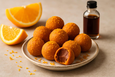 Orange Truffles on a plate, one bitten