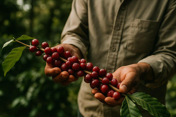 Coffee farmer inspecting ripe organic coffee cherries on the branch under shade canopy