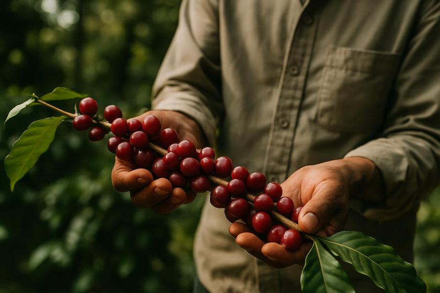 Coffee farmer inspecting ripe organic coffee cherries on the branch under shade canopy