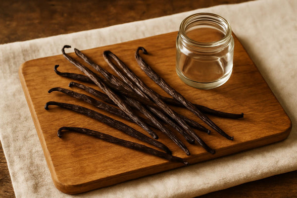 Whole Madagascar vanilla beans scattered on a wooden cutting board beside a small glass jar, shot from above with natural