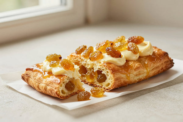 Golden, flaky pain aux raisins on parchment, one torn open to show the honeycomb layers