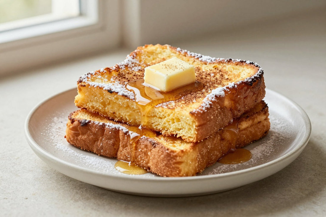 A stack of thick golden slices of pain perdu on a plate, dusted with powdered sugar