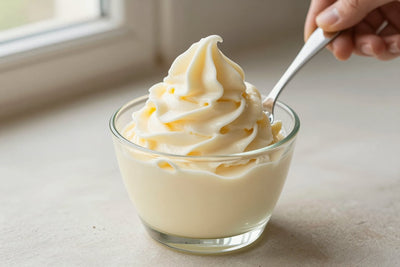 A generous swirl of panna cotta gelato in a small glass cup with a flat gelato spade