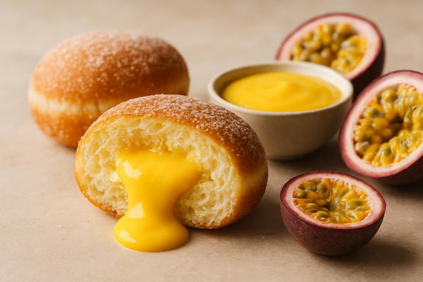 Filled doughnut cut open to show passion fruit curd