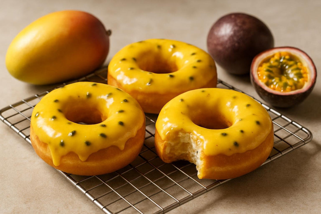 Doughnuts finished with passion fruit glaze on a cooling rack