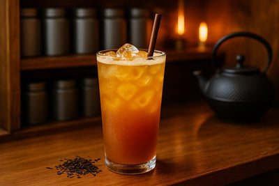 Passion Fruit Iced Tea in a glass on an oak bar
