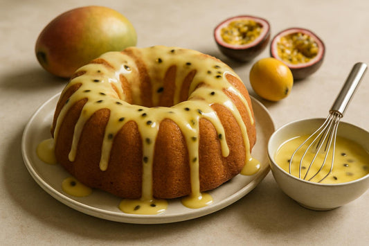 Bundt cake drizzled with passion fruit icing