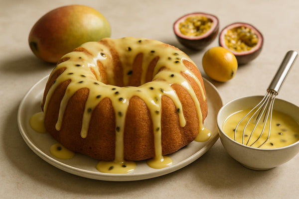 Bundt cake drizzled with passion fruit icing