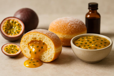 Filled doughnut cut open to show passion fruit jam filling