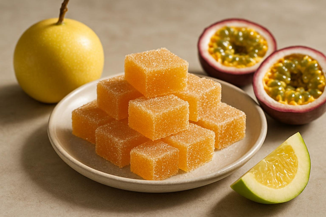 Squares of passion fruit jellies rolled in sugar