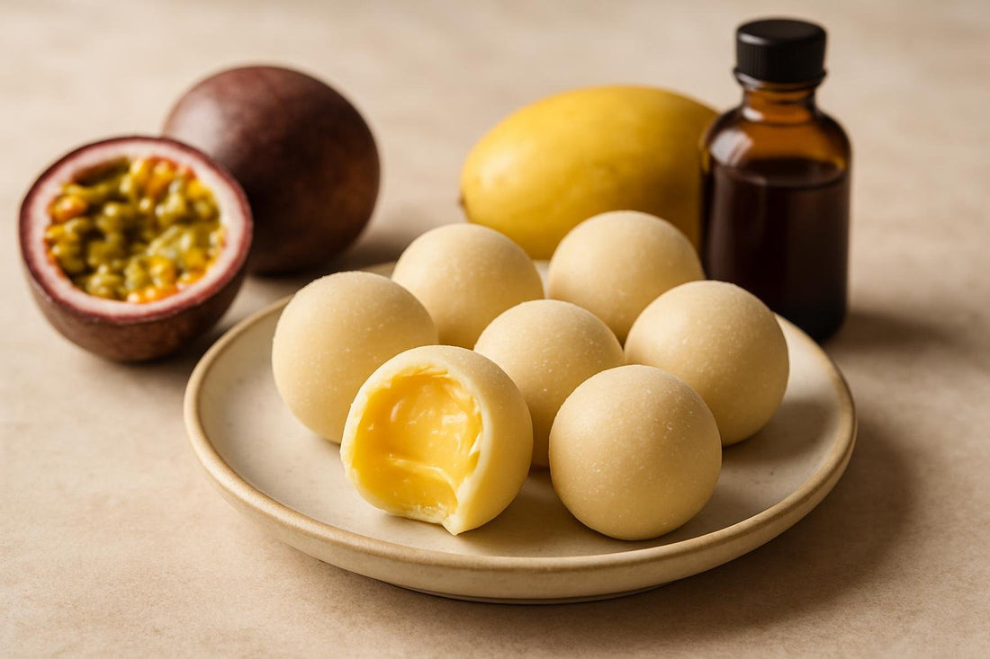 Passion Fruit Truffles on a plate, one bitten