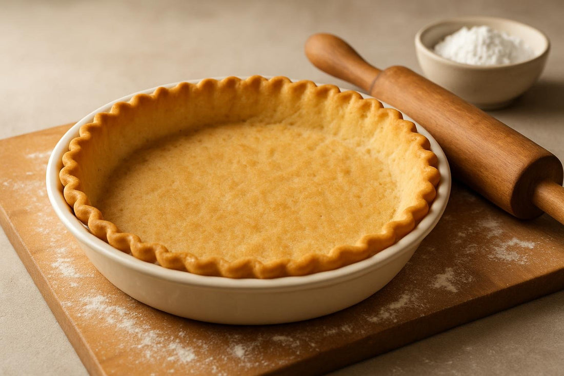 An unfilled, crimped pate sucree sweet pastry crust in a ceramic pie plate on a floured wooden board with a rolling pin besid