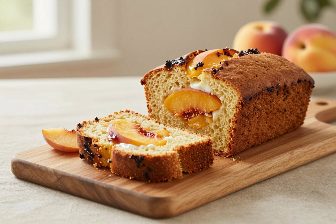 A loaf of peach bread on a wooden board, two thick slices cut to show the moist crumb