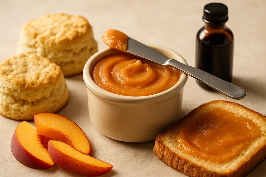 Peach Butter in a crock with warm biscuits