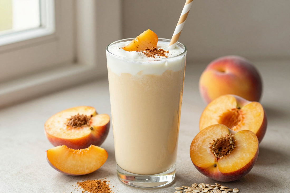 A tall glass of thick, creamy peach cobbler protein shake with a straw, a few of its fresh ingredients beside it