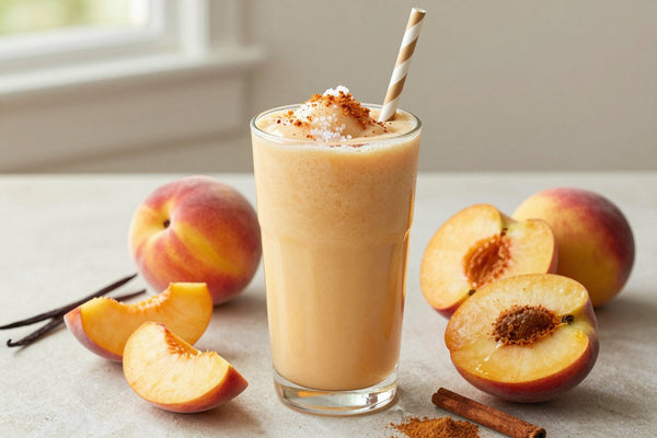 Peach Cobbler Summer Smoothie in a glass