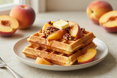 A stack of golden peach cobbler waffles on a plate with a pat of butter and the toppings from the recipe