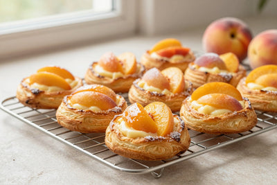 Peach danish on a wire rack, the glossy filling visible in the center of each pastry