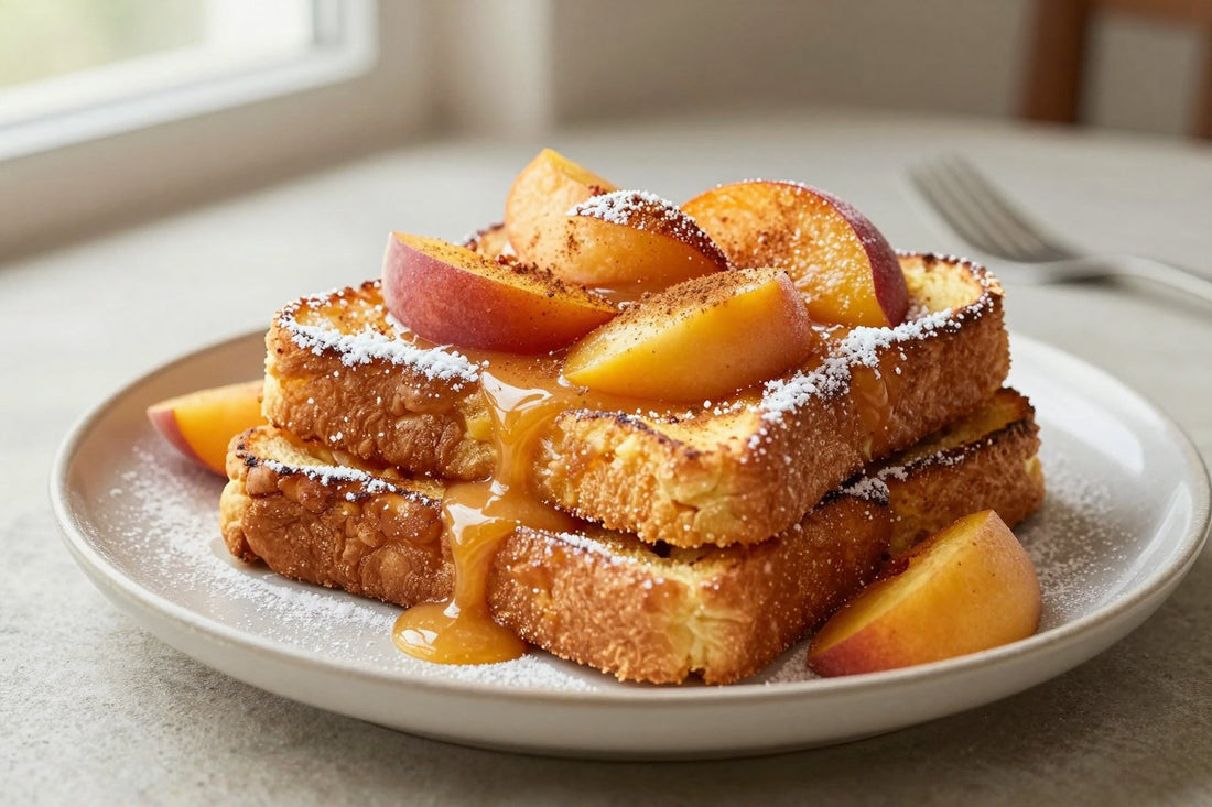 A stack of thick golden slices of peach french toast on a plate, dusted with powdered sugar