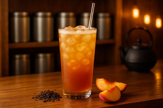 Peach Iced Tea in a glass on an oak bar